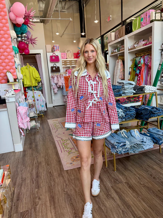 Red & White Gingham American Flag Bow Collar Top