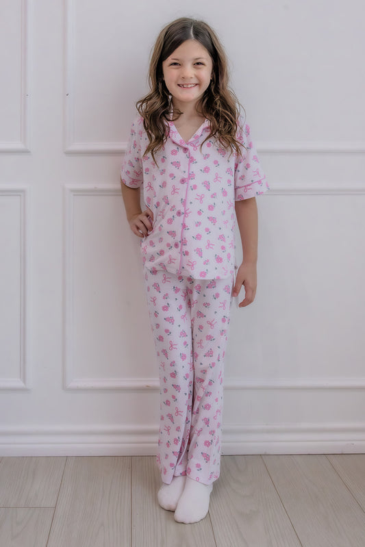 Girl's Two Piece Flare Lounge Set | Ribbon & Roses Pink