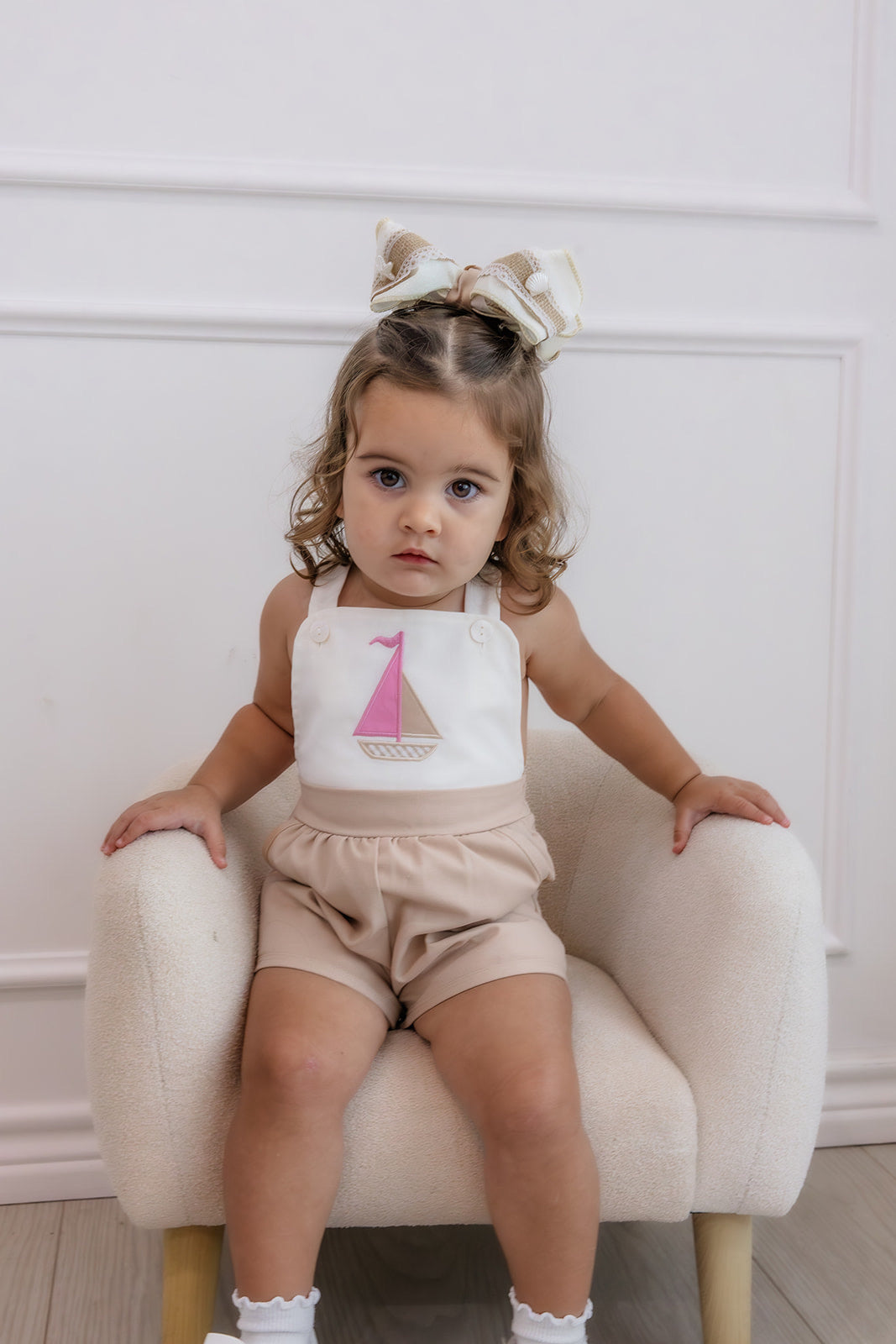 Girls Sailboat Tan Linen Romper