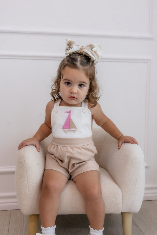 Girls Sailboat Tan Linen Romper