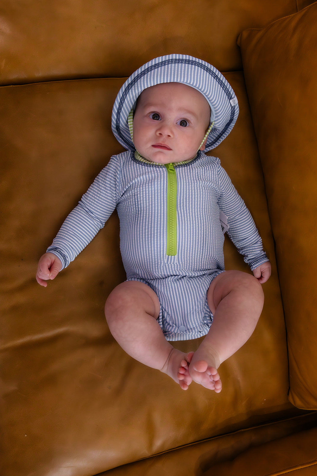 Blue Seersucker Rash Guard One-Piece Set