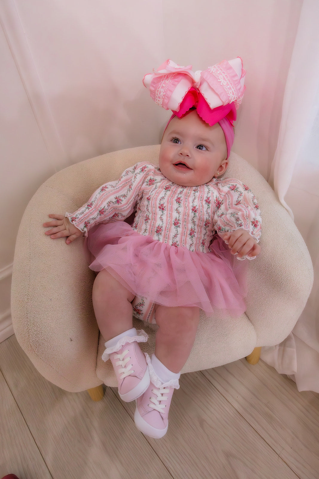 Winding Roses Stripe  Long Sleeve Smocked Bubble with Tutu