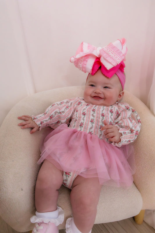 Winding Roses Stripe  Long Sleeve Smocked Bubble with Tutu