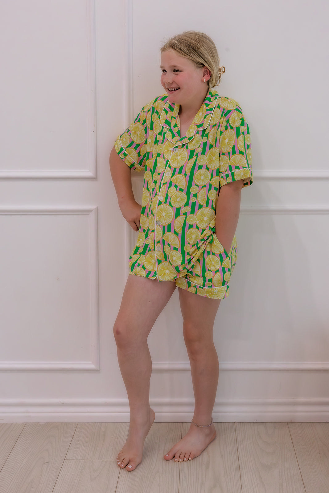 Women's Lemon Short Sleeve Button Down Lounge Set