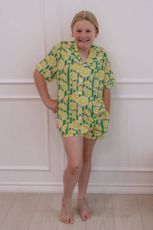 Women's Lemon Short Sleeve Button Down Lounge Set