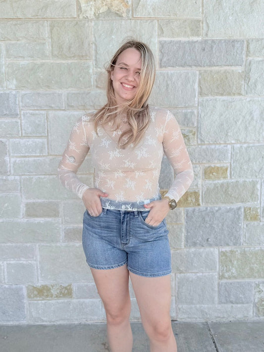 Ivory Floral Sheer Lace Long Sleeve Top
