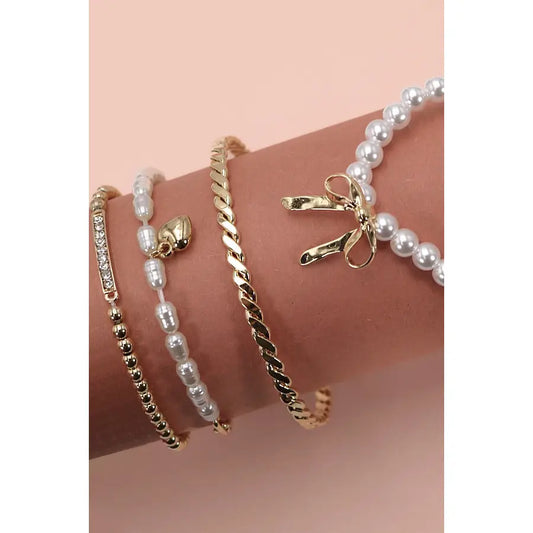 Love In The Detail Pearl Gold Bow Bracelet Stack