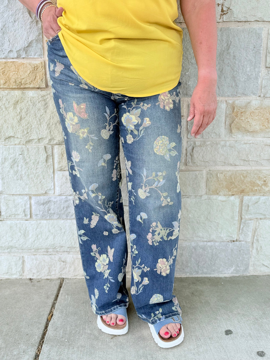 Mica HR Floral Embellished Wide Leg Jeans