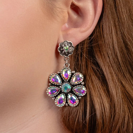 Pretty Clear Rhinestone Concho Western Post Drop Earrings