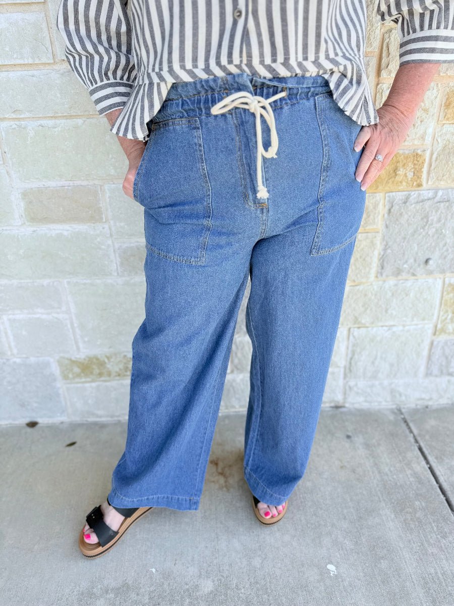 High-Waist Paper-Bag Wide-Leg Denim Trousers