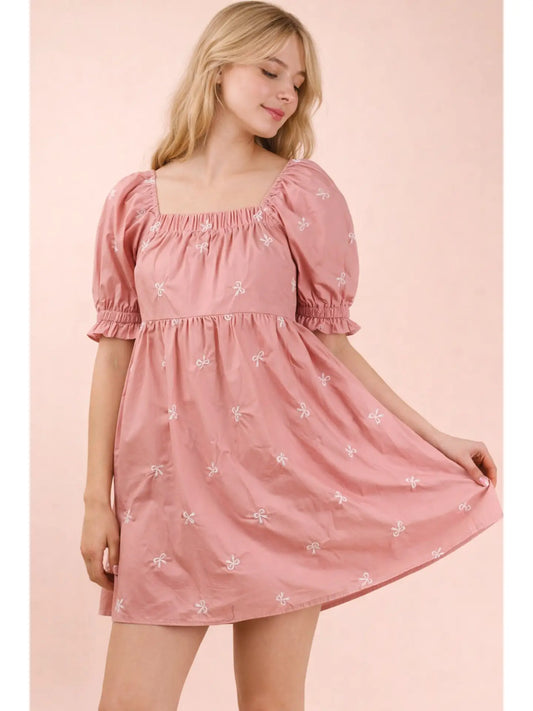 Pretty In Pink Embroidered Bow Square Neck Dress