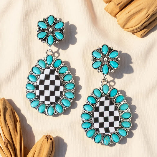Ready Set Go Black & White Turquoise Post Drop Earrings