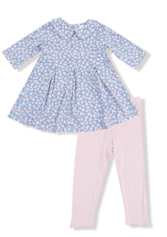 Country Calico Box Pleat Dress 3/4 Sleeve Ribbed Leggings