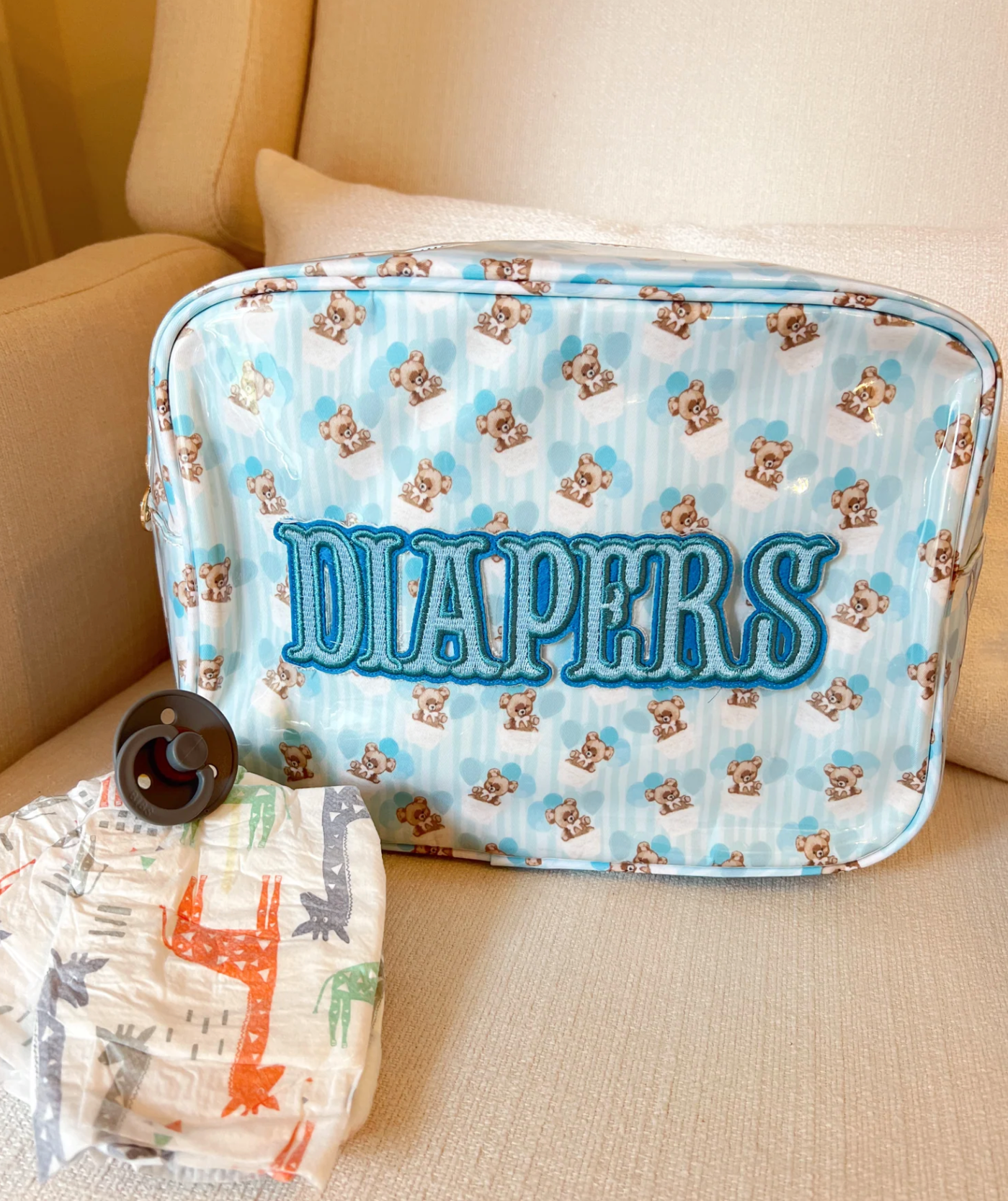XL Clear Coat Diaper Bag - Blue Teddy Bears