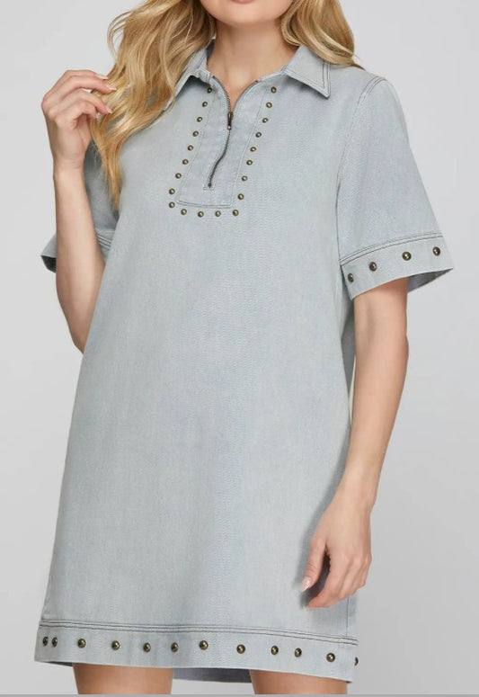 Stud Zip Dress Denim blue