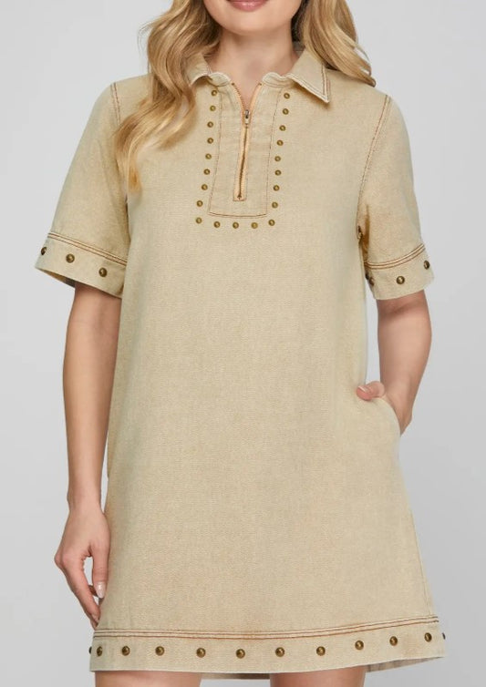 Stud Zip Dress Taupe