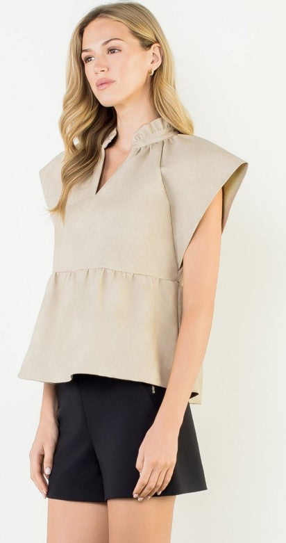 Ruffle Nk Leather Top Taupe