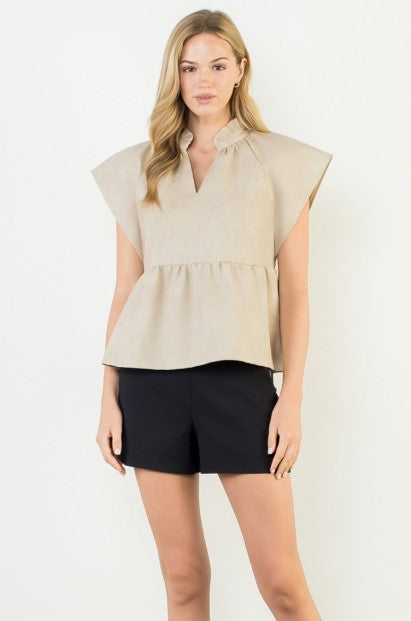 Ruffle Nk Leather Top Taupe