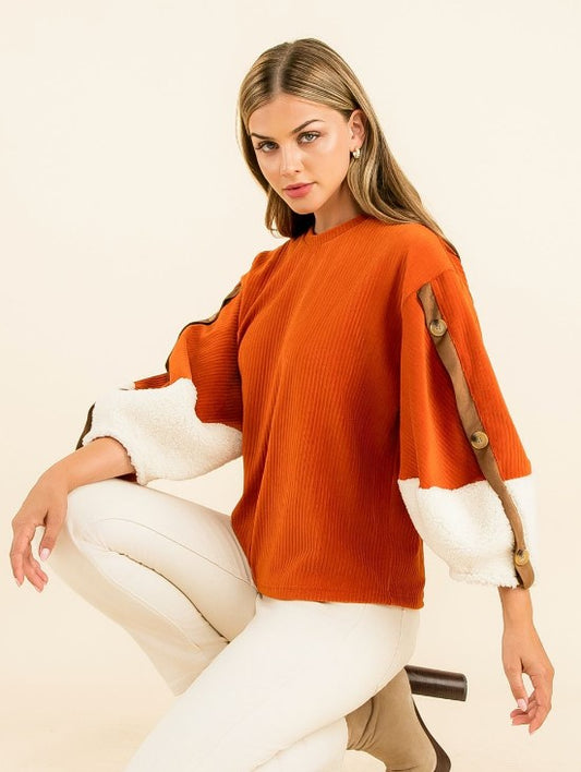 Velvet and Sherpa top Orange