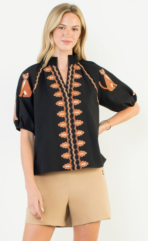 Cheetah Embroidery Top