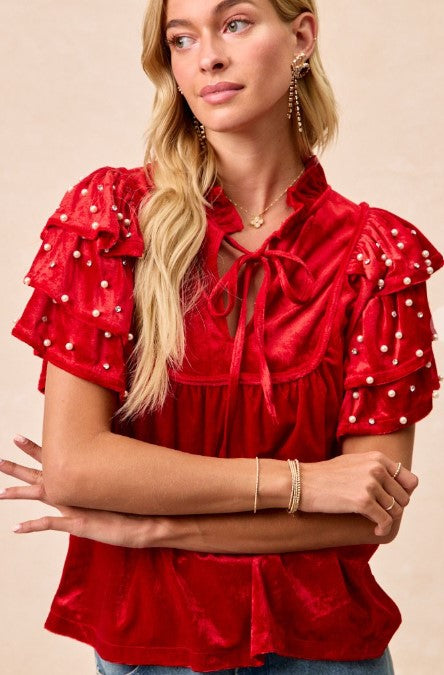 Embellished Holiday Top Red Velvet