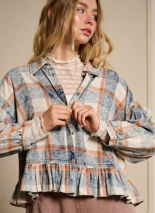 Washed Plaid Ruffle Hem Shacket
