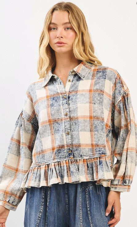 Washed Plaid Ruffle Hem Shacket