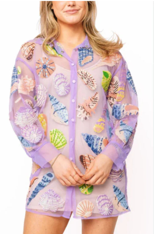 Purple Sheer Multi Seashell Button Up Cover Up- Queen