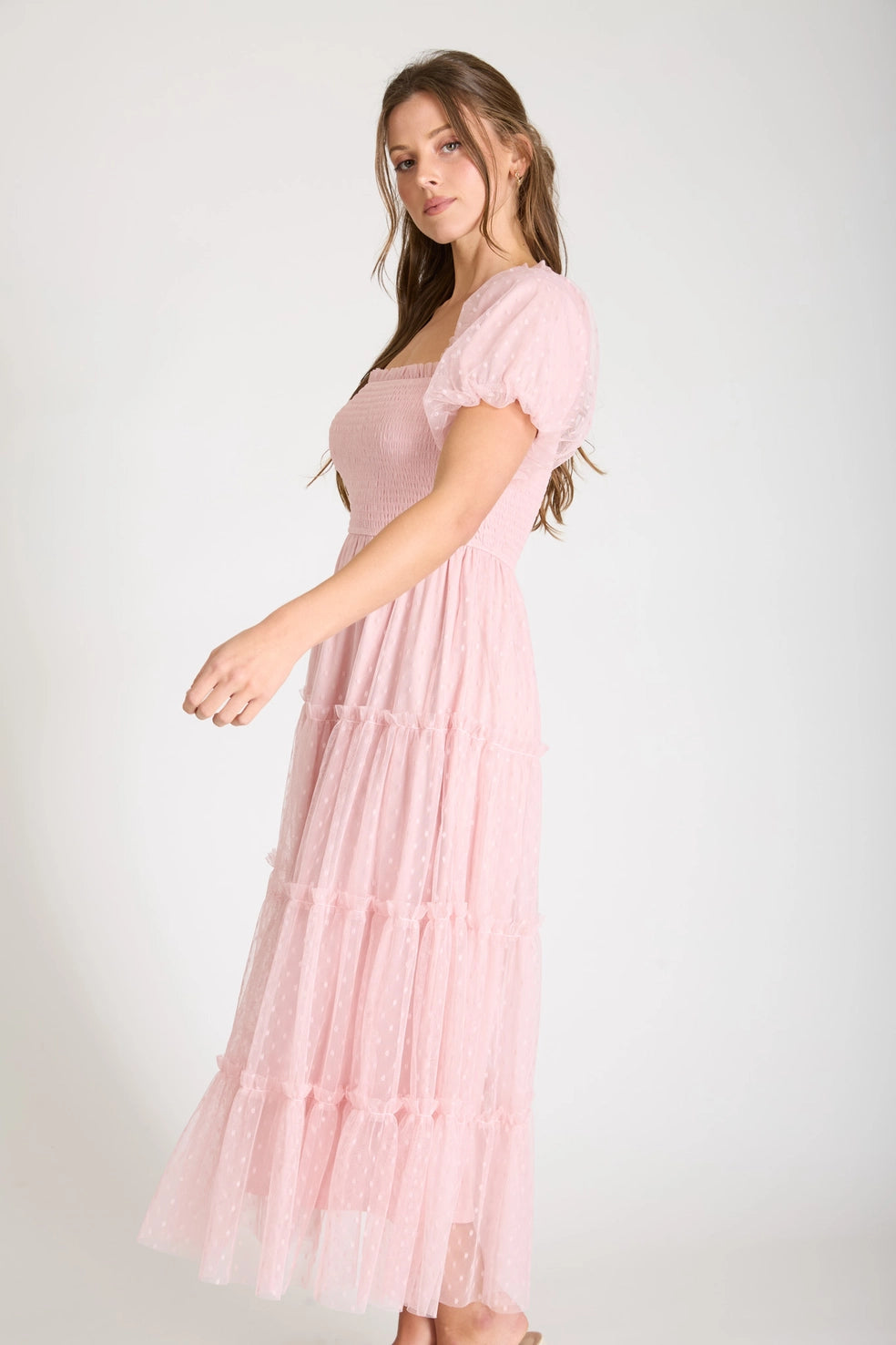 Something More Pink Dot Tulle Puff Sleeve Smocked Tiered Midi Dress