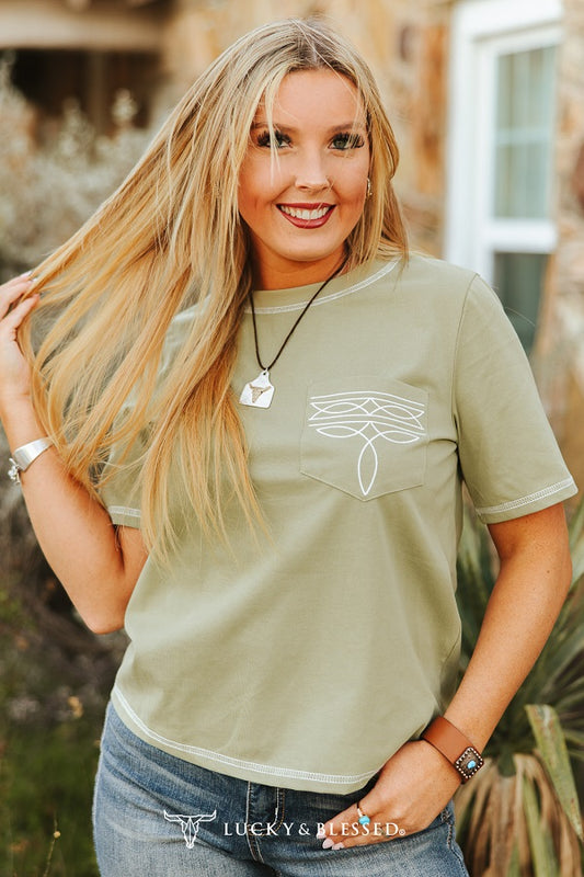 Sage Bootstitch Contrast Embroidered Short Sleeve Pocket Tee
