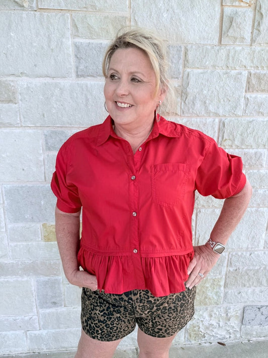 The Everly Ruffle Hem Short Sleeve Button-Down Blouse