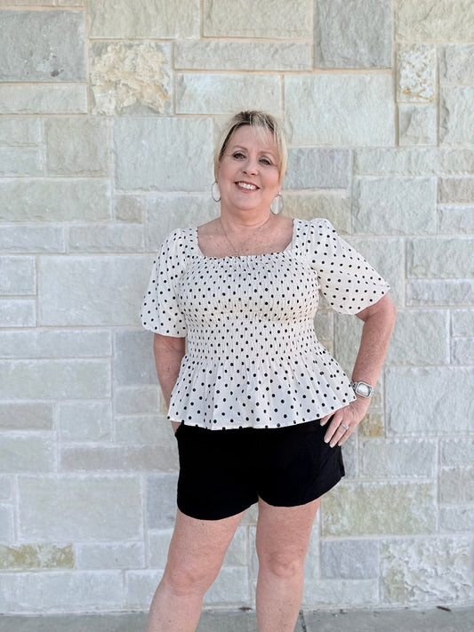 Vintage Charm Polka Dot Smocked Peplum Blouse-Feminine Puff Sleeve Woven Top