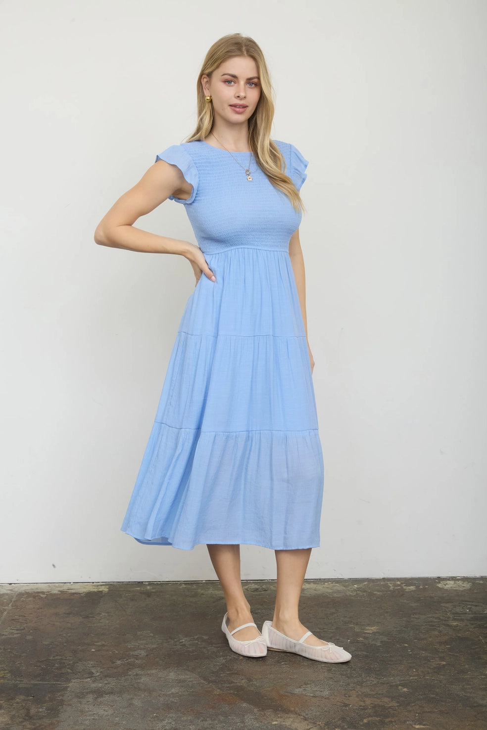 Weekend Getaway Tiered Smocked Short Sleeve Midi Dress