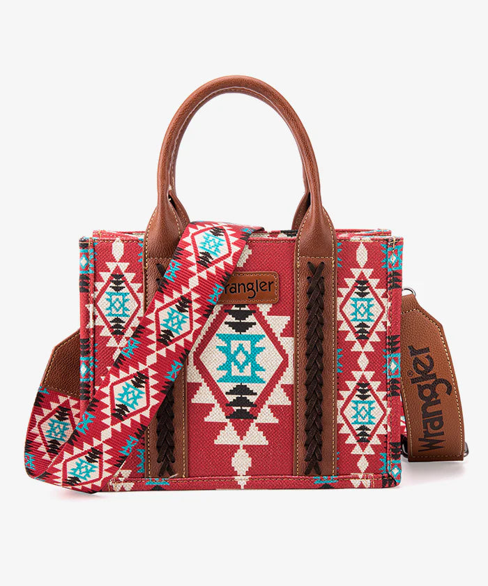 Staying The Course Wrangler Whipstitch Aztec Maroon Canvas Tote Bag
