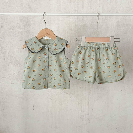 Flowers Doll Collar Cardigan Shorts Suit: Green / 100(18-24M)
