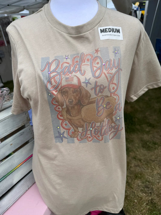 Bad Day To Be A Hotdog Dachshund Rhinestone Detail Graphic Tee