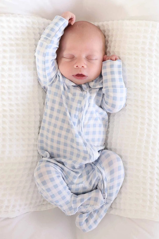 Peter Pan Collar Zipper Footie Dusty Blue Gingham