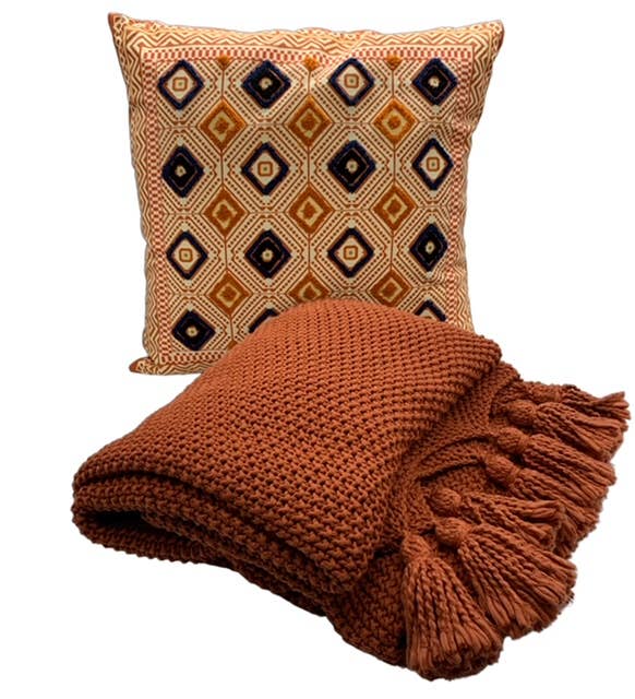 Teracotta Throw with Orange & Navy Sq. Pillow