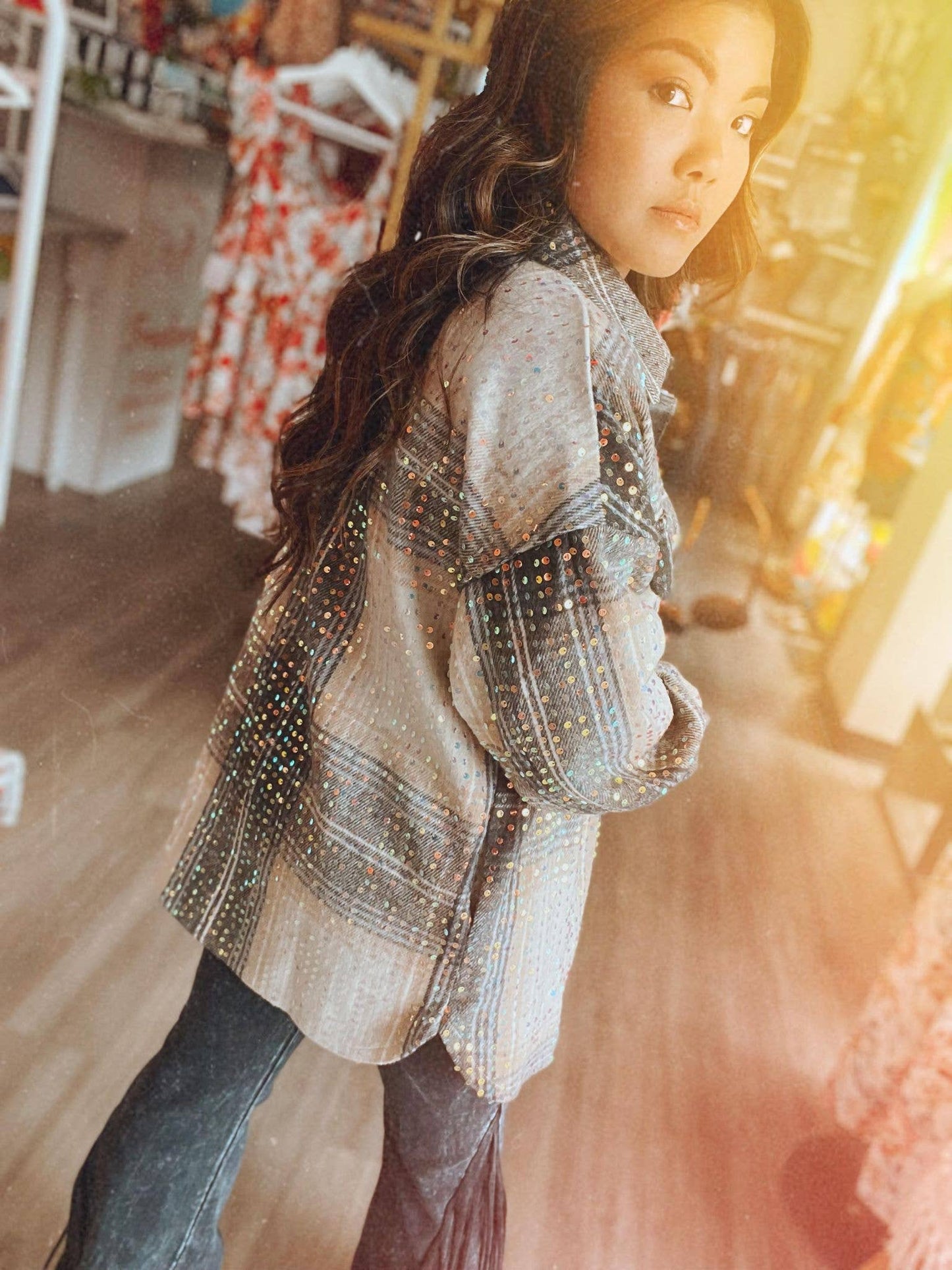 Mika Mocha Sequin Plaid Showstopper Shacket: M