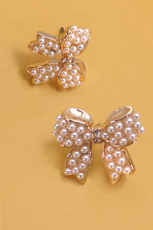 The Way Things Change Gold & White Pearl Sparkle Bow Stud Earrings