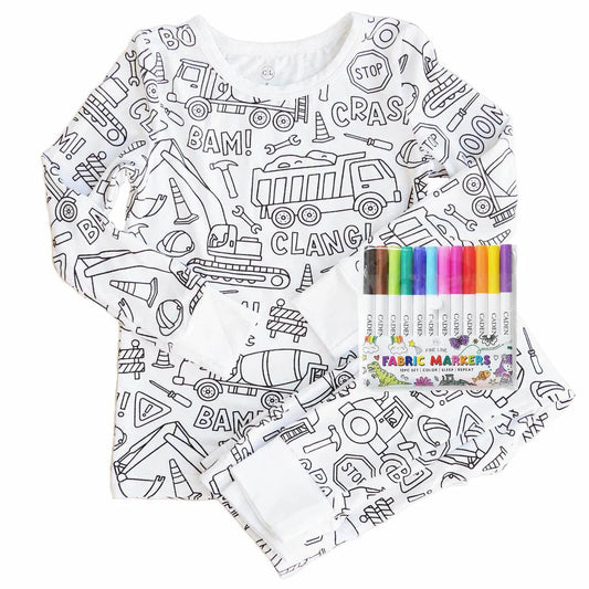 Colorable Two Piece Pajama Set | Construction Zone