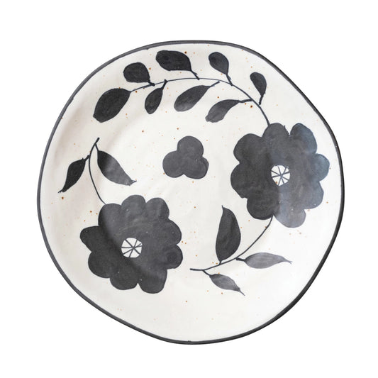 Hand-Painted Stoneware Plate w/ Floral Design, Matte Black & Cream Color Speckled