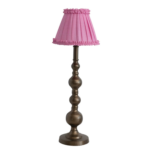 Metal Table Lamp w/ Pleated Silk Shade w/ Ruffle & Inline Switch, Antique Brass Finish & Pink