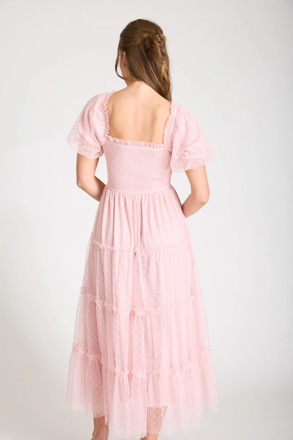 Something More Pink Dot Tulle Puff Sleeve Smocked Tiered Midi Dress