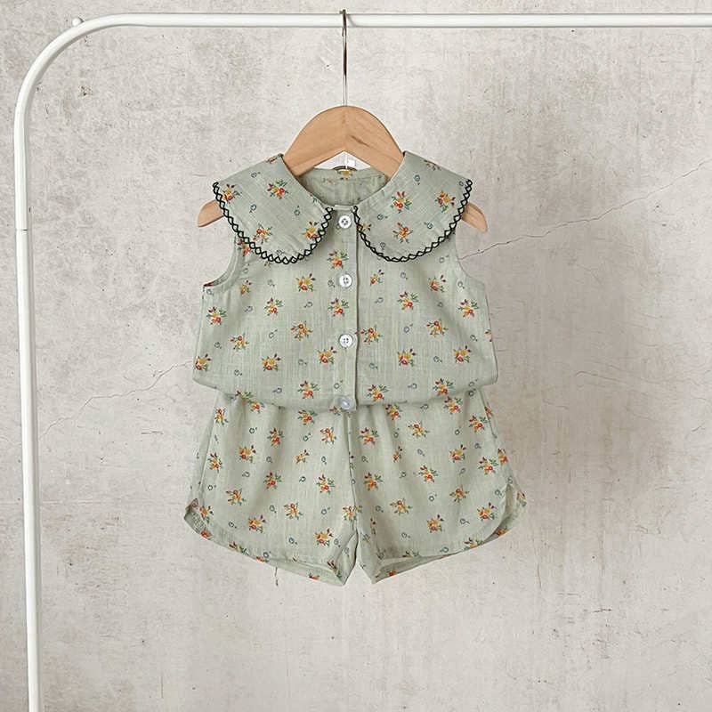 Flowers Doll Collar Cardigan Shorts Suit: Green / 100(18-24M)