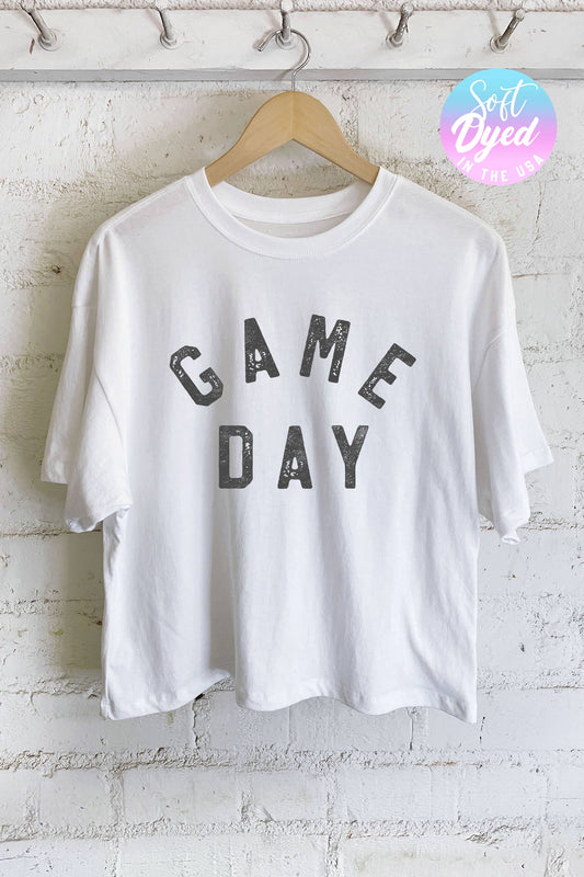 GAME DAY GRAPHIC LONG CROP TOP: White