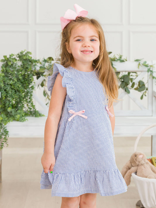 Girls Classic Blue Seersucker Pinafore Bow Dress