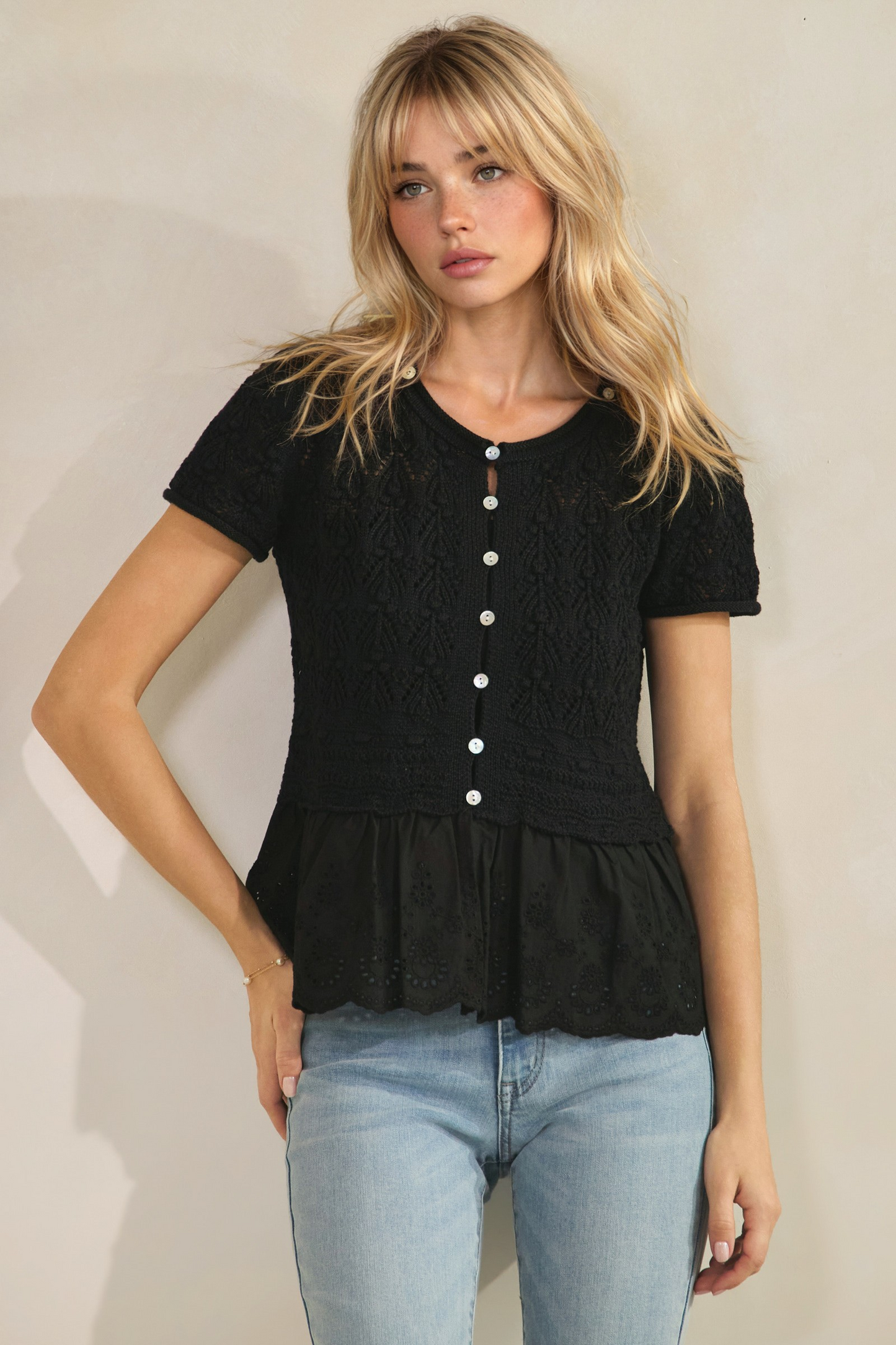 Pointelle Peplum Top