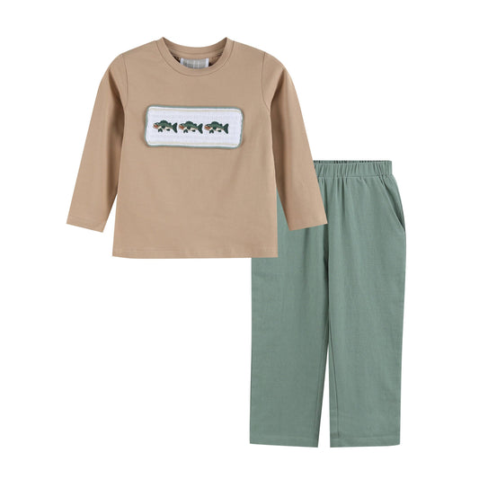 Oyster Brown Big Mouth Bass Smocked Shirt and Pants Set: 5Y