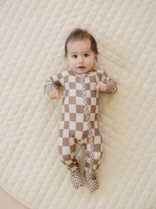 Ribbed Bamboo Zip Romper- Latte Checkered